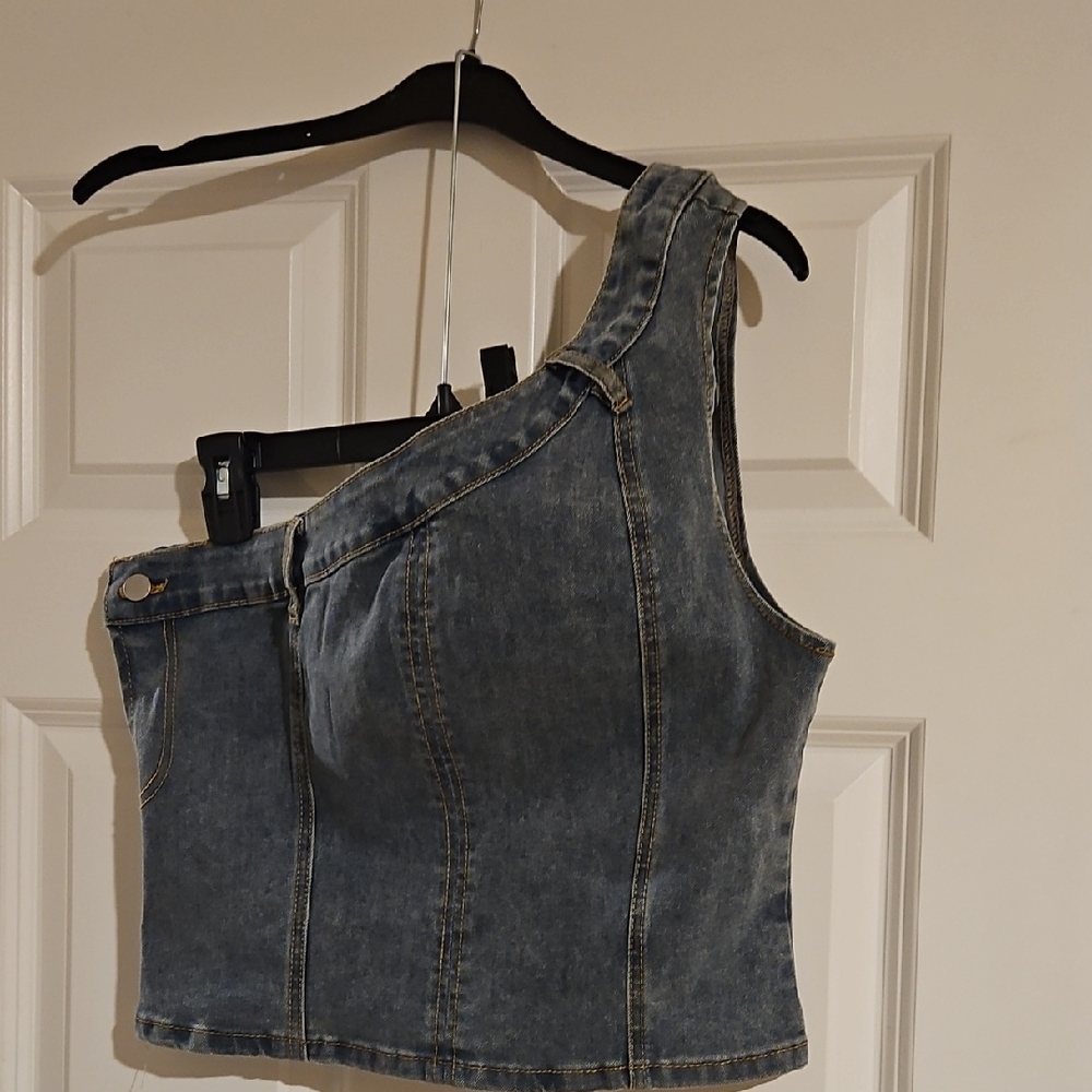 Asymmetric One-Shoulder Denim Top - Blue Side Zip